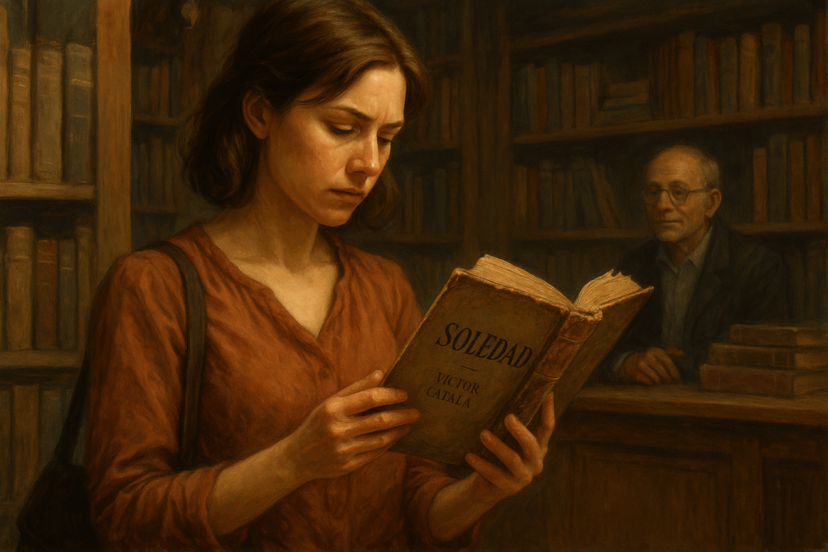 Mujer leyendo el libro Soledad de Víctor Català en una librería antigua, con expresión de asombro y emoción.